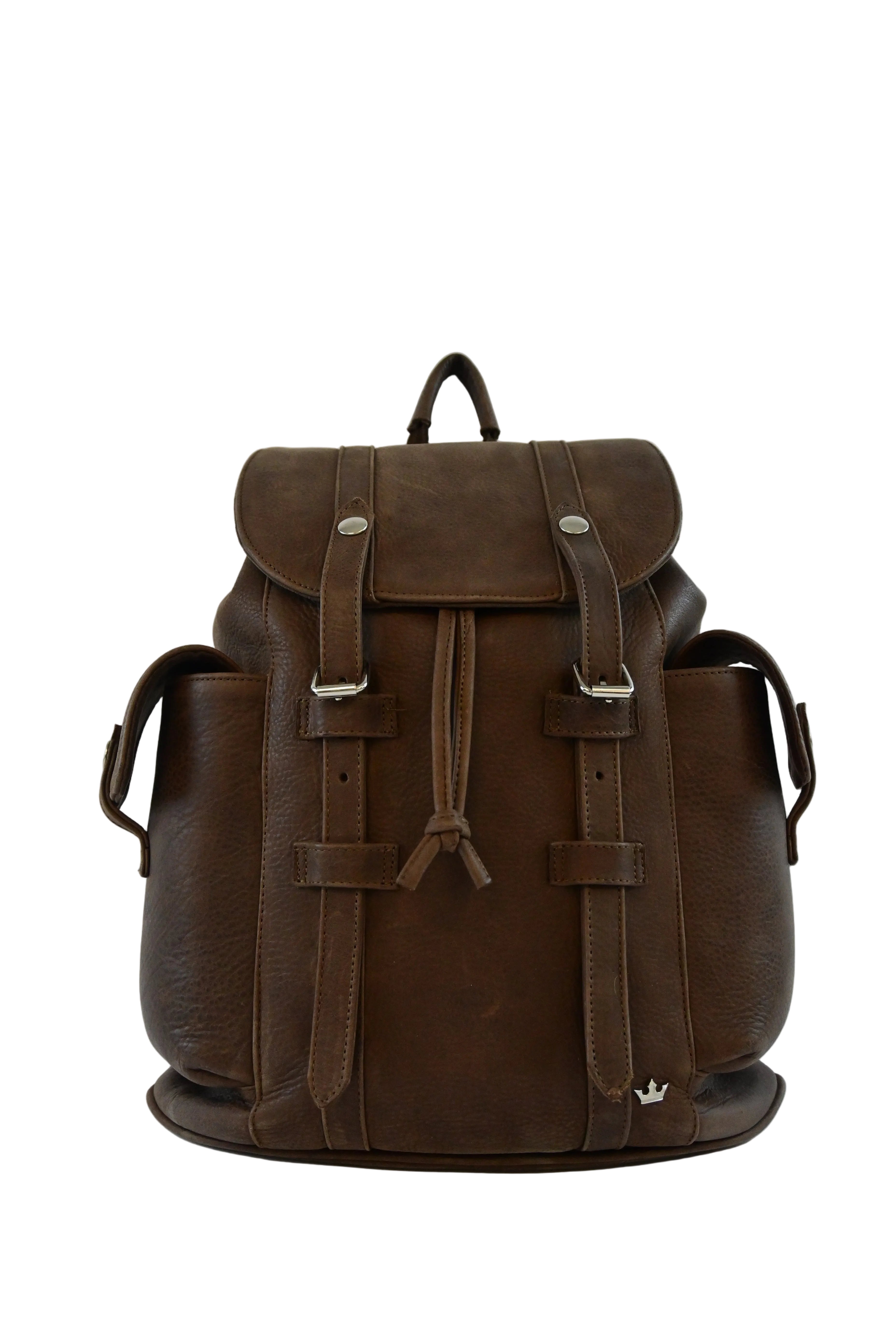Brown leather backpack on a white background